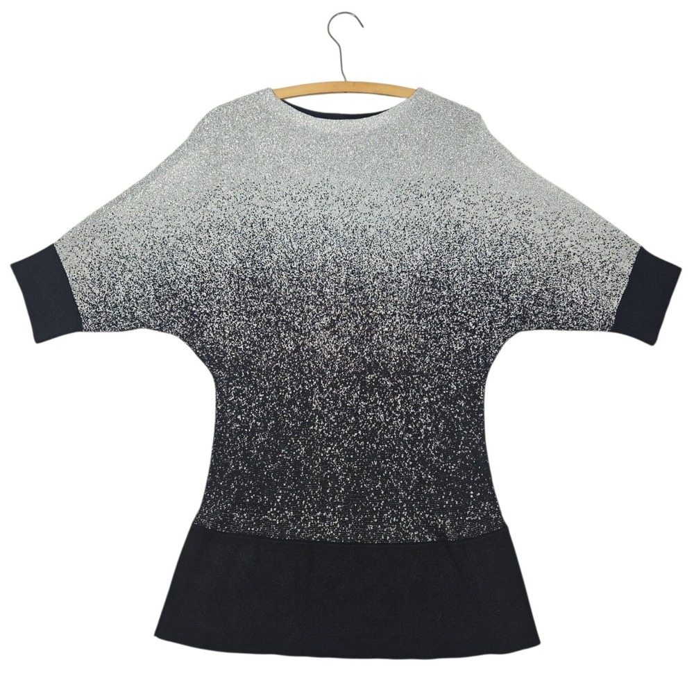 Ashro Y2K Metallic Knit Dolman Tunic Top Silver Black Ombre Sz L